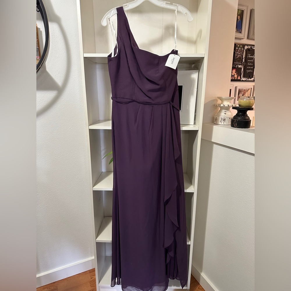 David’s Bridal one shoulder, plum chiffon dress.